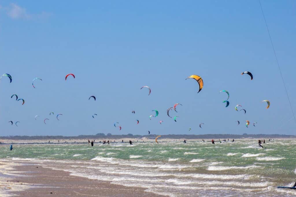 Photo d'un grand nombre de kite surf sur une plage.